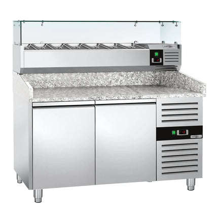 GGM Gastro Commercial Pizza Prep Counter - Granite Top ECO - 1500x800mm - with 2 doors - incl. refrigerated topping unit with glass sneeze guard - 7x GN 1/4