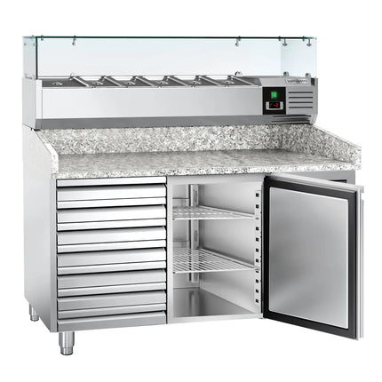 GGM Gastro Commercial Pizza Prep Counter - Granite Top ECO - 1500x800mm - with 1 doors & 7 drawers - incl. refrigerated topping unit - 6x GN 1/3