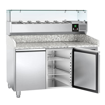 GGM Gastro Commercial Pizza Prep Counter - Granite Top ECO - 1500x800mm - with 2 doors - incl. refrigerated topping unit with glass sneeze guard - 6x GN 1/3