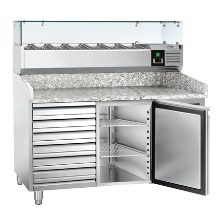 GGM Gastro Commercial Pizza Prep Counter - Granite Top ECO - 1500x800mm - with 1 doors & 7 drawers - incl. refrigerated topping unit - 7x GN 1/4