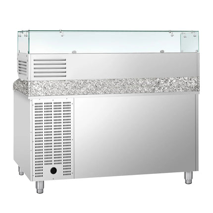 GGM Gastro Commercial Pizza Prep Counter - Granite Top ECO - 1500x800mm - with 2 doors - incl. refrigerated topping unit with glass sneeze guard - 7x GN 1/4