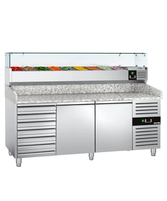 GGM Gastro Commercial Pizza Prep Counter - Granite Top ECO - 2025x800mm - with 2 doors & 7 drawers - incl. refrigerated topping unit with glass sneeze guard - 10x GN 1/4