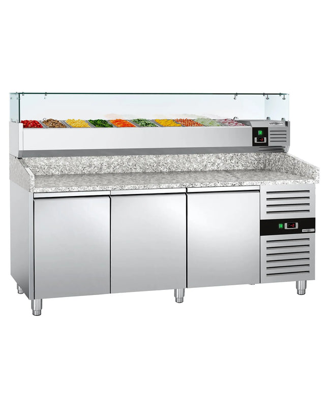 GGM Gastro Commercial Pizza Prep Counter - Granite Top ECO - 2025x800mm - with 3 doors - incl. refrigerated topping unit with glass sneeze guard - 10x GN 1/4