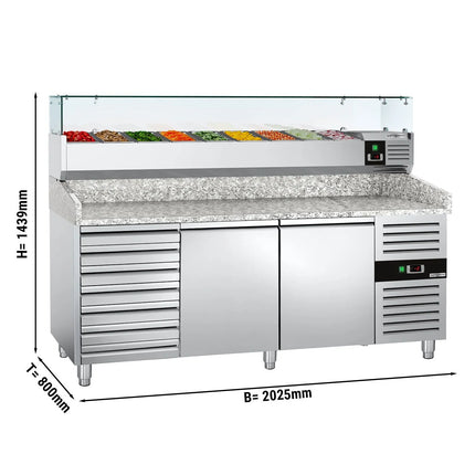 GGM Gastro Commercial Pizza Prep Counter - Granite Top ECO - 2025x800mm - with 2 doors & 7 drawers - incl. refrigerated topping unit with glass sneeze guard - 10x GN 1/4