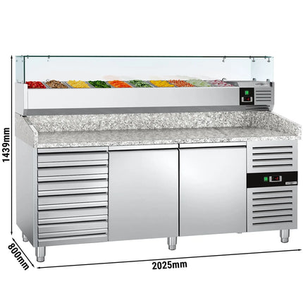 GGM Gastro Commercial Pizza Prep Counter - Granite Top ECO - 2025x800mm - with 2 doors & 7 drawers - incl. refrigerated topping unit - 9x GN 1/3