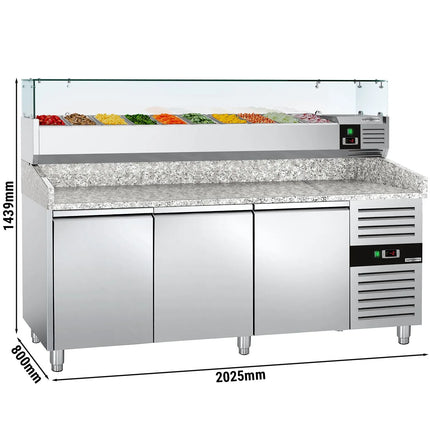 GGM Gastro Commercial Pizza Prep Counter - Granite Top ECO - 2025x800mm - with 3 doors - incl. refrigerated topping unit with glass sneeze guard - 10x GN 1/4