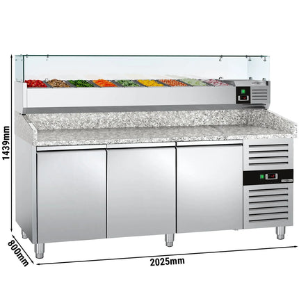 GGM Gastro Commercial Pizza Prep Counter - Granite Top ECO - 2025x800mm - with 3 doors - incl. refrigerated topping unit with glass sneeze guard - 9x GN 1/3