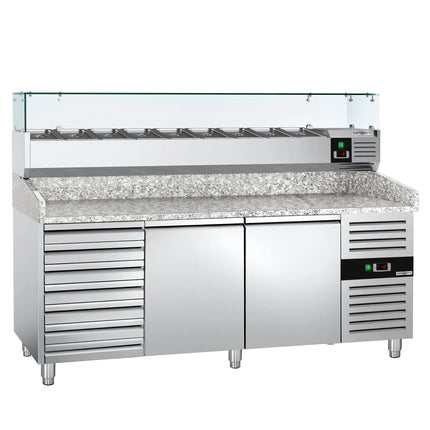 GGM Gastro Commercial Pizza Prep Counter - Granite Top ECO - 2025x800mm - with 2 doors & 7 drawers - incl. refrigerated topping unit with glass sneeze guard - 10x GN 1/4