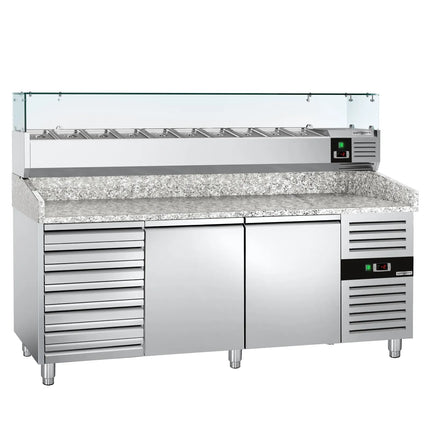 GGM Gastro Commercial Pizza Prep Counter - Granite Top ECO - 2025x800mm - with 2 doors & 7 drawers - incl. refrigerated topping unit - 9x GN 1/3
