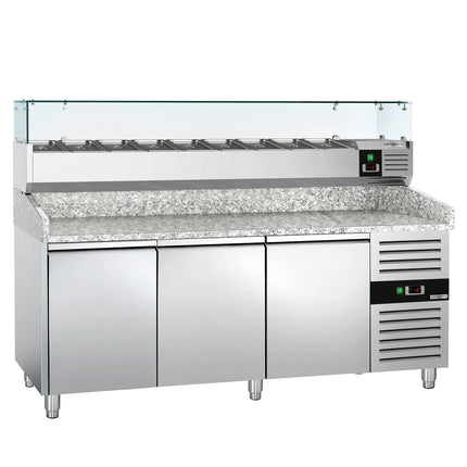 GGM Gastro Commercial Pizza Prep Counter - Granite Top ECO - 2025x800mm - with 3 doors - incl. refrigerated topping unit with glass sneeze guard - 9x GN 1/3