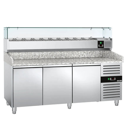 GGM Gastro Commercial Pizza Prep Counter - Granite Top ECO - 2025x800mm - with 3 doors - incl. refrigerated topping unit with glass sneeze guard - 10x GN 1/4