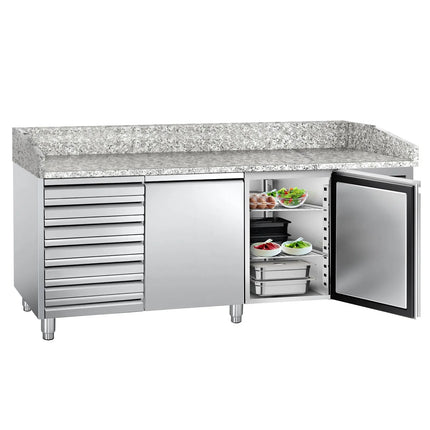 GGM Gastro Commercial Pizza Prep Counter - Granite Top ECO - 2025x800mm - with 2 doors & 7 drawers