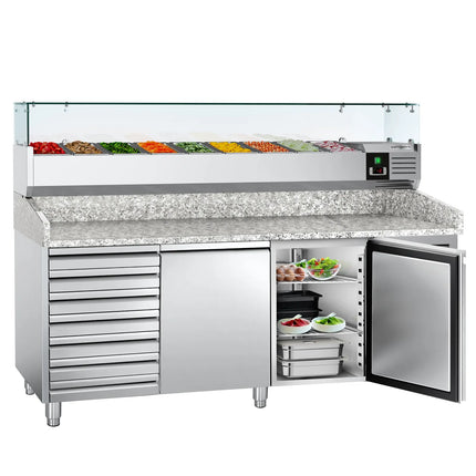 GGM Gastro Commercial Pizza Prep Counter - Granite Top ECO - 2025x800mm - with 2 doors & 7 drawers - incl. refrigerated topping unit with glass sneeze guard - 10x GN 1/4