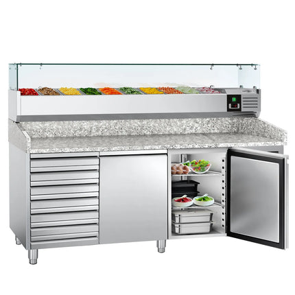 GGM Gastro Commercial Pizza Prep Counter - Granite Top ECO - 2025x800mm - with 2 doors & 7 drawers - incl. refrigerated topping unit - 9x GN 1/3