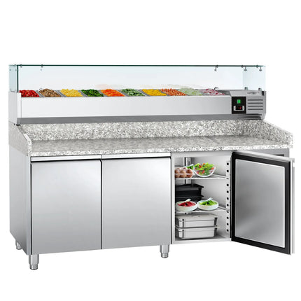 GGM Gastro Commercial Pizza Prep Counter - Granite Top ECO - 2025x800mm - with 3 doors - incl. refrigerated topping unit with glass sneeze guard - 10x GN 1/4