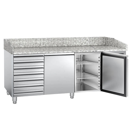 GGM Gastro Commercial Pizza Prep Counter - Granite Top ECO - 2025x800mm - with 2 doors & 7 drawers