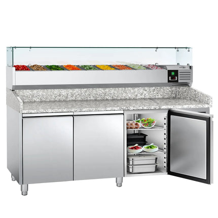 GGM Gastro Commercial Pizza Prep Counter - Granite Top ECO - 2025x800mm - with 3 doors - incl. refrigerated topping unit with glass sneeze guard - 9x GN 1/3
