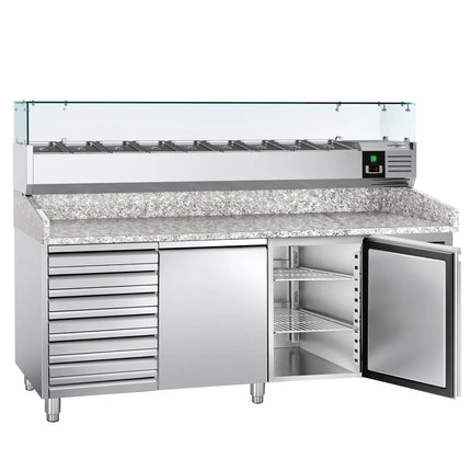 GGM Gastro Commercial Pizza Prep Counter - Granite Top ECO - 2025x800mm - with 2 doors & 7 drawers - incl. refrigerated topping unit with glass sneeze guard - 10x GN 1/4