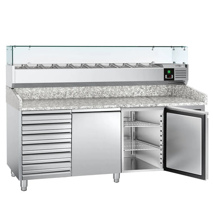 GGM Gastro Commercial Pizza Prep Counter - Granite Top ECO - 2025x800mm - with 2 doors & 7 drawers - incl. refrigerated topping unit - 9x GN 1/3