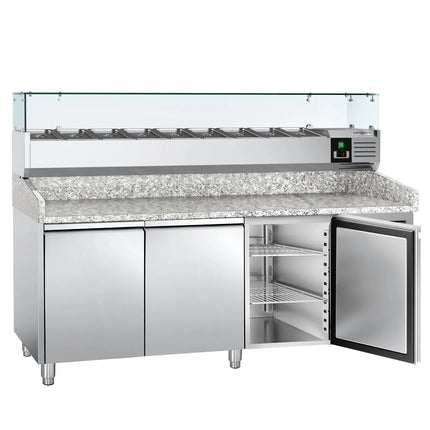 GGM Gastro Commercial Pizza Prep Counter - Granite Top ECO - 2025x800mm - with 3 doors - incl. refrigerated topping unit with glass sneeze guard - 9x GN 1/3