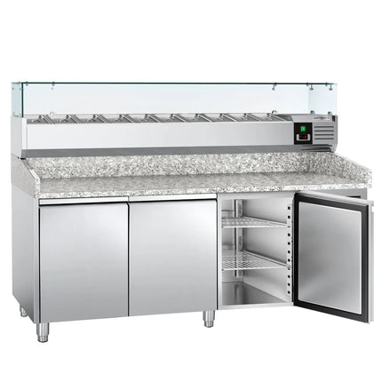 GGM Gastro Commercial Pizza Prep Counter - Granite Top ECO - 2025x800mm - with 3 doors - incl. refrigerated topping unit with glass sneeze guard - 10x GN 1/4