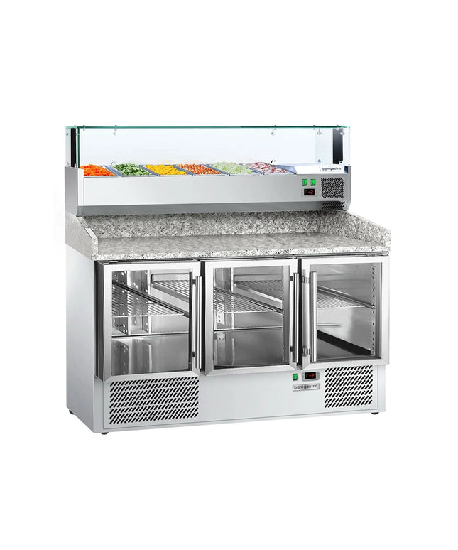 GGM Gastro Commercial Pizza Prep Counter - Granite Top PREMIUM - 1400x700mm - with 3 glass doors - incl. refrigerated topping unit with glass sneeze guard LED - 6x GN 1/4