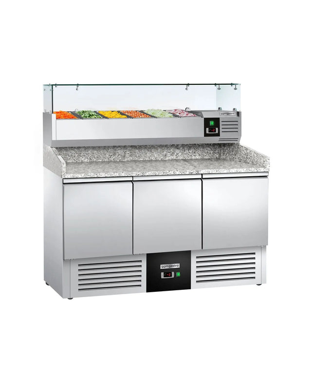GGM Gastro Commercial Pizza Prep Counter - Granite Top PREMIUM - 1400x700mm - with 3 doors - incl. refrigerated topping unit with glass sneeze guard - 6x GN 1/4