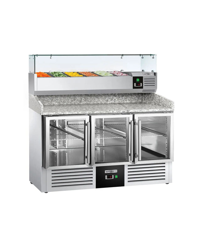 GGM Gastro Commercial Pizza Prep Counter - Granite Top PREMIUM - 1400x700mm - with 3 glass doors - incl. refrigerated topping unit with glass sneeze guard - 6x GN 1/4
