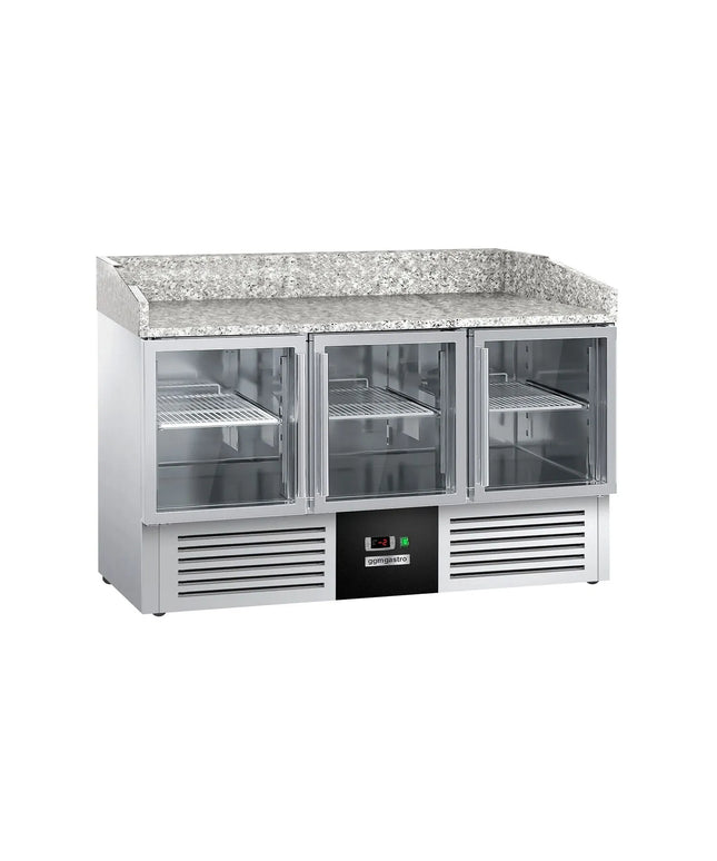 GGM Gastro Commercial Pizza Prep Counter - Granite Top PREMIUM - 1400x700mm - with 3 glass doors