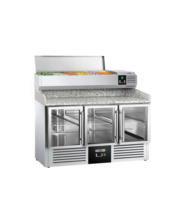 GGM Gastro Commercial Pizza Prep Counter - Granite Top PREMIUM - 1400x700mm - with 3 glass doors - incl. refrigerated topping unit - 6x GN 1/4