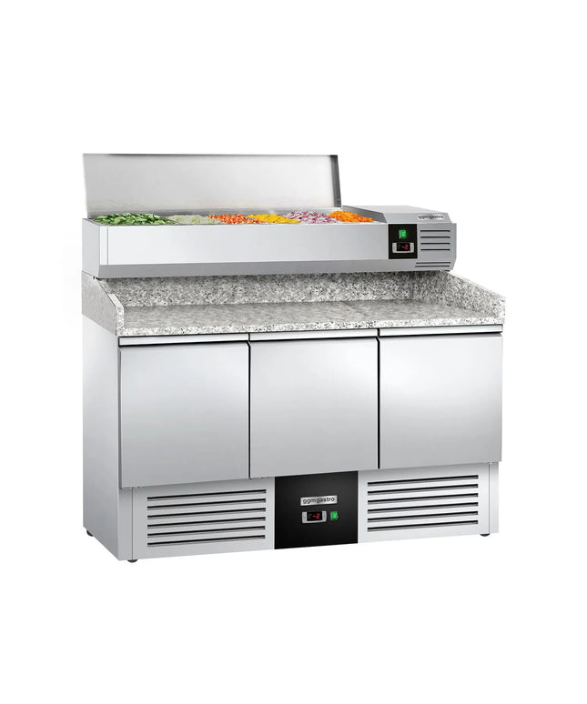 GGM Gastro Commercial Pizza Prep Counter - Granite Top PREMIUM - 1400x700mm - with 3 doors - incl. refrigerated topping unit - 6x GN 1/4