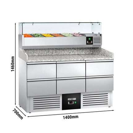 GGM Gastro Commercial Pizza Prep Counter - Granite Top PREMIUM - 1400x700mm - with 0 doors & 6 dough drawers 1/2 - incl. refrigerated topping unit with glass sneeze guard - 6x GN 1/4
