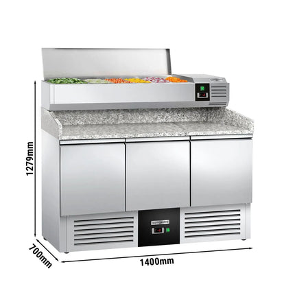 GGM Gastro Commercial Pizza Prep Counter - Granite Top PREMIUM - 1400x700mm - with 3 doors - incl. refrigerated topping unit - 6x GN 1/4