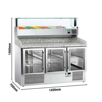 GGM Gastro Commercial Pizza Prep Counter - Granite Top PREMIUM - 1400x700mm - with 3 glass doors - incl. refrigerated topping unit with glass sneeze guard LED - 6x GN 1/4