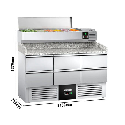GGM Gastro Commercial Pizza Prep Counter - Granite Top PREMIUM - 1400x700mm - with 0 doors & 6 drawers 1/2 - incl. refrigerated topping unit - 6x GN 1/4