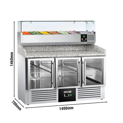 GGM Gastro Commercial Pizza Prep Counter - Granite Top PREMIUM - 1400x700mm - with 3 glass doors - incl. refrigerated topping unit with glass sneeze guard - 6x GN 1/4