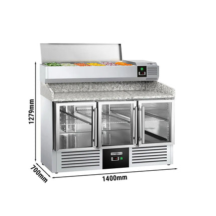 GGM Gastro Commercial Pizza Prep Counter - Granite Top PREMIUM - 1400x700mm - with 3 glass doors - incl. refrigerated topping unit - 6x GN 1/4
