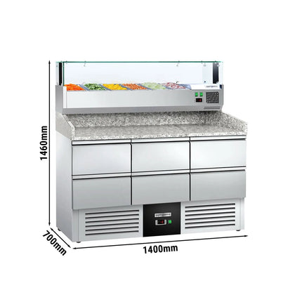 GGM Gastro Commercial Pizza Prep Counter - Granite Top PREMIUM - 1400x700mm - with 0 doors & 6 dough drawers 1/2 - incl. refrigerated topping unit with glass sneeze guard LED - 6x GN 1/4