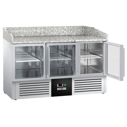 GGM Gastro Commercial Pizza Prep Counter - Granite Top PREMIUM - 1400x700mm - with 3 glass doors