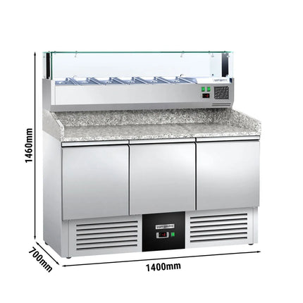 GGM Gastro Commercial Pizza Prep Counter - Granite Top PREMIUM - 1400x700mm - with 3 doors - incl. refrigerated topping unit with glass sneeze guard LED - 6x GN 1/4