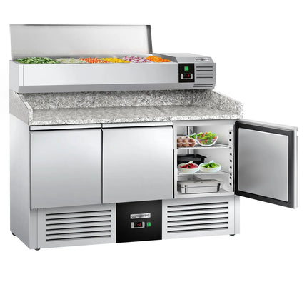 GGM Gastro Commercial Pizza Prep Counter - Granite Top PREMIUM - 1400x700mm - with 3 doors - incl. refrigerated topping unit - 6x GN 1/4