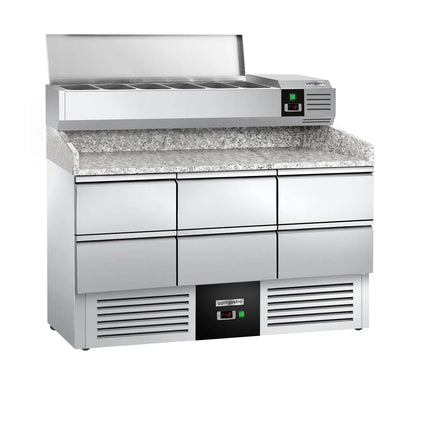 GGM Gastro Commercial Pizza Prep Counter - Granite Top PREMIUM - 1400x700mm - with 0 doors & 6 drawers 1/2 - incl. refrigerated topping unit - 6x GN 1/4