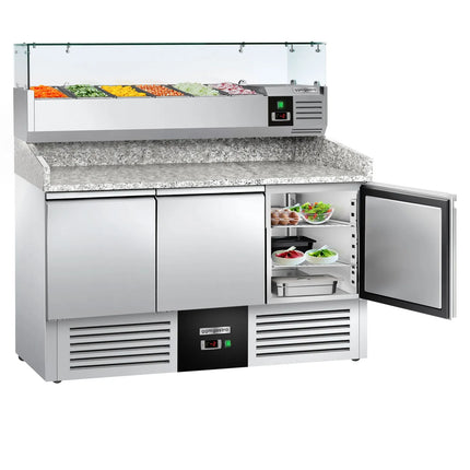 GGM Gastro Commercial Pizza Prep Counter - Granite Top PREMIUM - 1400x700mm - with 3 doors - incl. refrigerated topping unit with glass sneeze guard - 6x GN 1/4
