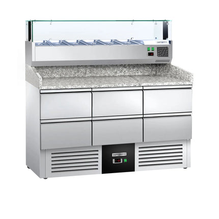 GGM Gastro Commercial Pizza Prep Counter - Granite Top PREMIUM - 1400x700mm - with 0 doors & 6 dough drawers 1/2 - incl. refrigerated topping unit with glass sneeze guard LED - 6x GN 1/4