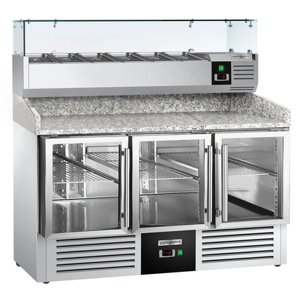 GGM Gastro Commercial Pizza Prep Counter - Granite Top PREMIUM - 1400x700mm - with 3 glass doors - incl. refrigerated topping unit with glass sneeze guard - 6x GN 1/4