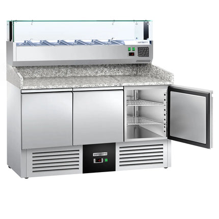 GGM Gastro Commercial Pizza Prep Counter - Granite Top PREMIUM - 1400x700mm - with 3 doors - incl. refrigerated topping unit with glass sneeze guard LED - 6x GN 1/4