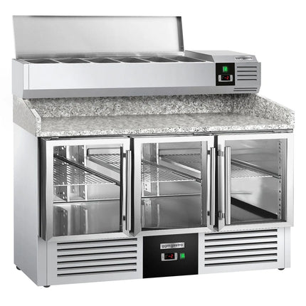 GGM Gastro Commercial Pizza Prep Counter - Granite Top PREMIUM - 1400x700mm - with 3 glass doors - incl. refrigerated topping unit - 6x GN 1/4