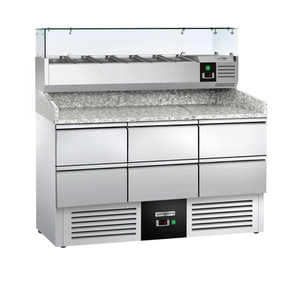 GGM Gastro Commercial Pizza Prep Counter - Granite Top PREMIUM - 1400x700mm - with 0 doors & 6 dough drawers 1/2 - incl. refrigerated topping unit with glass sneeze guard - 6x GN 1/4