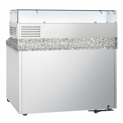 GGM Gastro Commercial Pizza Prep Counter - Granite Top PREMIUM - 1400x700mm - with 3 glass doors - incl. refrigerated topping unit with glass sneeze guard - 6x GN 1/4