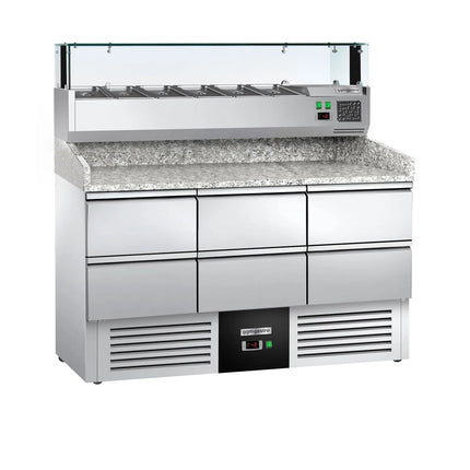 GGM Gastro Commercial Pizza Prep Counter - Granite Top PREMIUM - 1400x700mm - with 0 doors & 6 dough drawers 1/2 - incl. refrigerated topping unit with glass sneeze guard LED - 6x GN 1/4